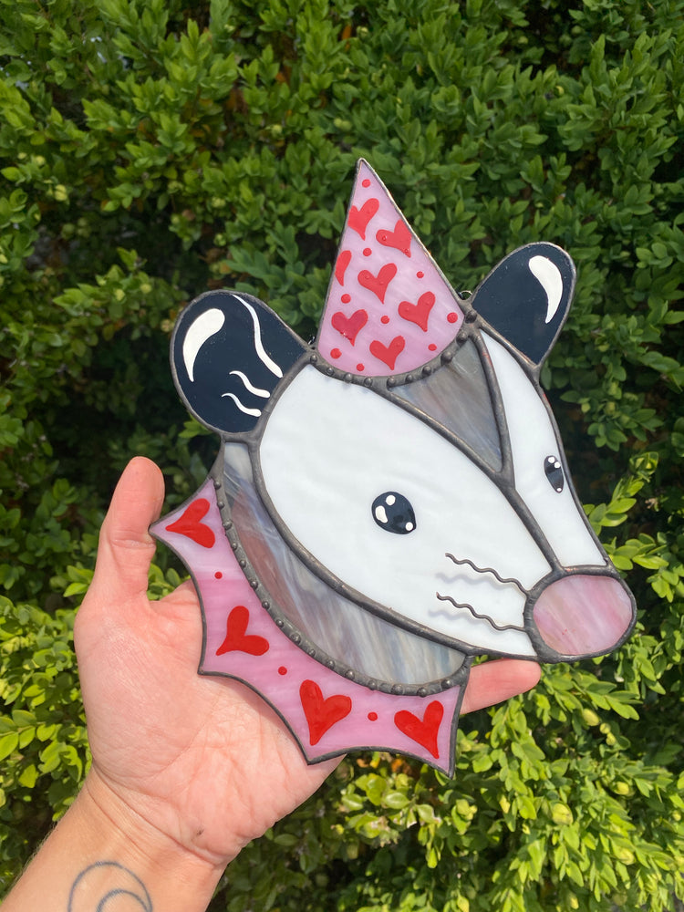 Valentine Opossum Stained Glass Suncatcher