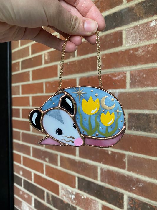 Mini Sleepy Yellow Tulip Opossum Stained Glass Ornament