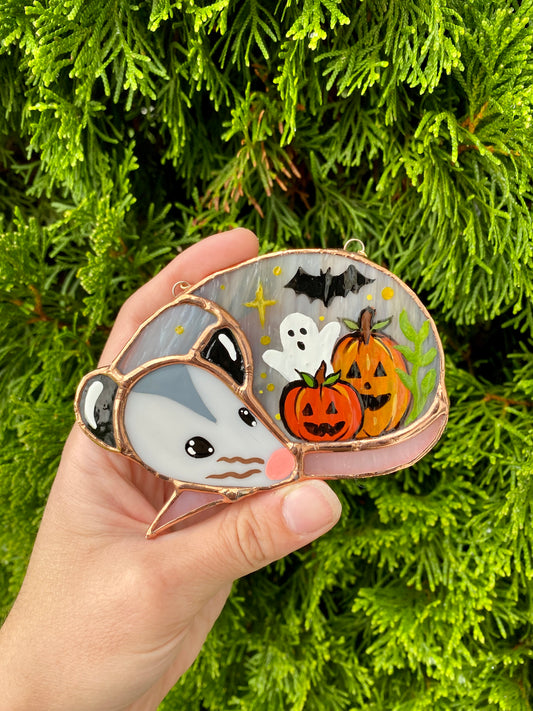 (Version 1) Pumpkins, Ghost and Bat Sleepy Opossum Mini Stained Glass Suncatcher