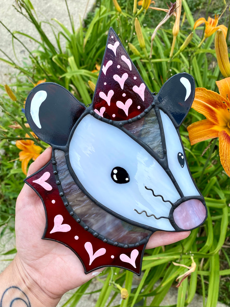 Red Valentine Opossum Stained Glass Suncatcher