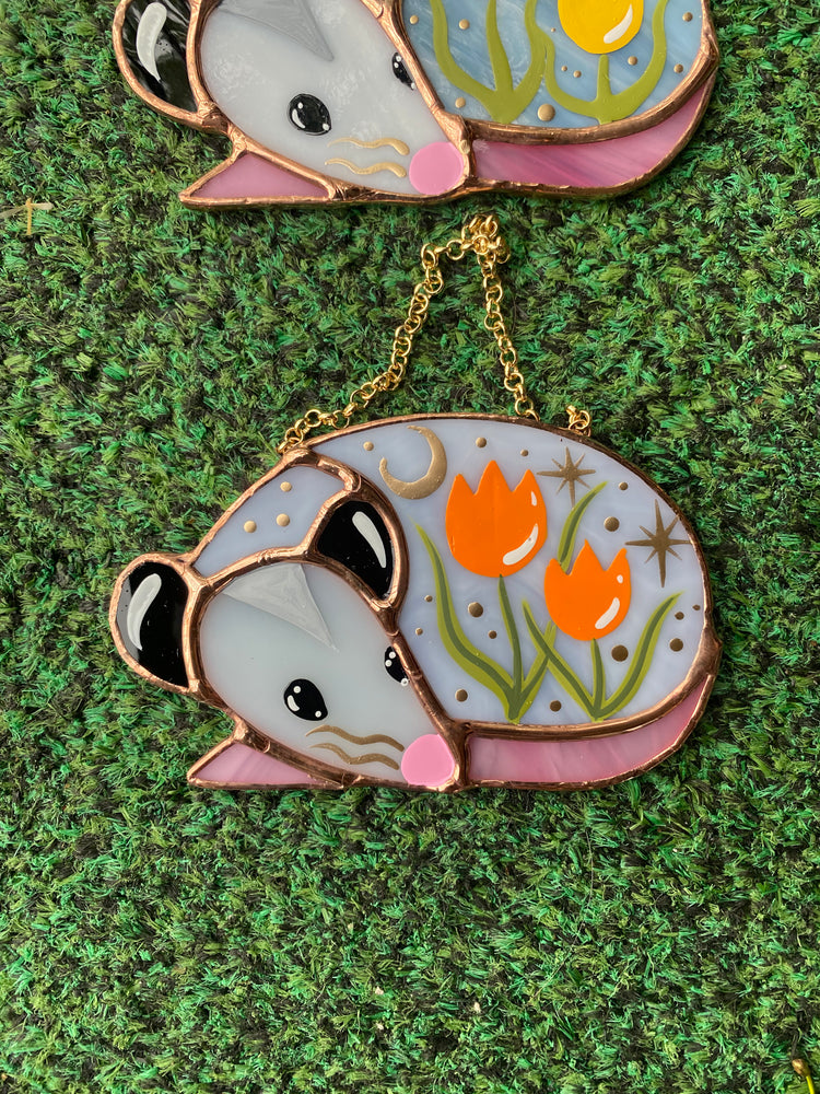 Mini Sleepy Orange Tulip Opossum Stained Glass Ornament