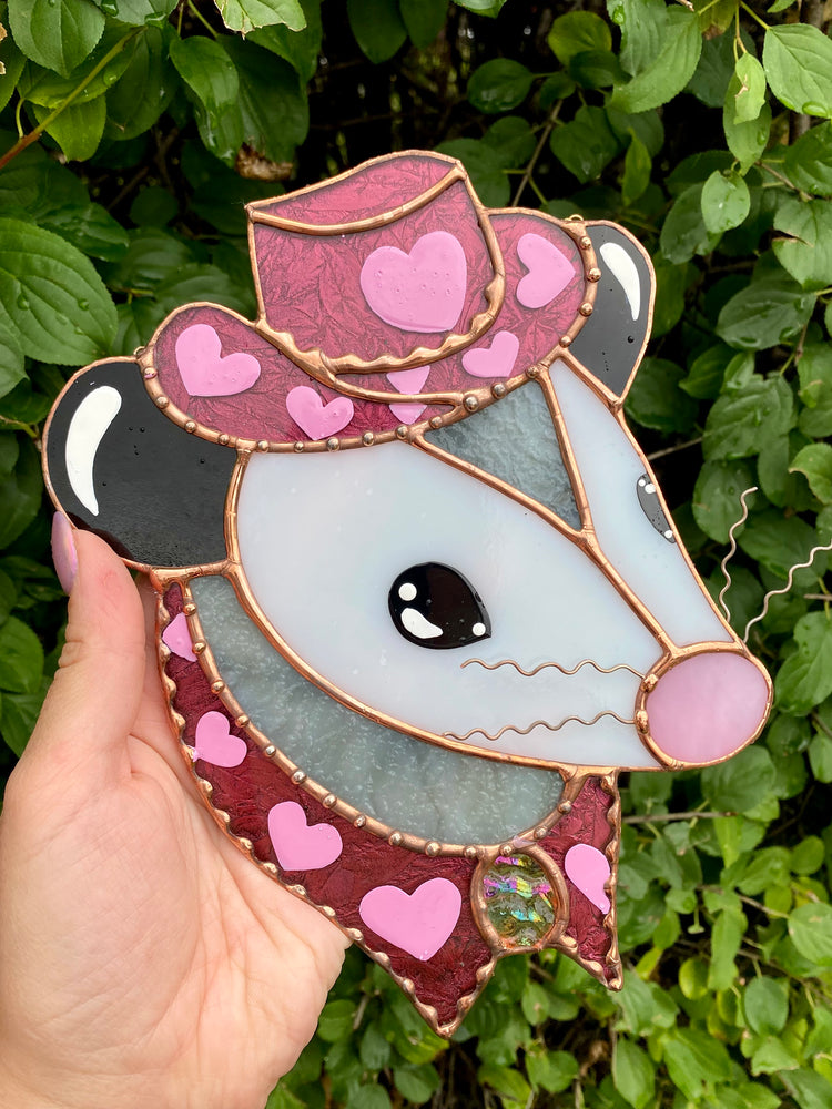 Lovely Cowboy Opossum Stained Glass Suncatcher