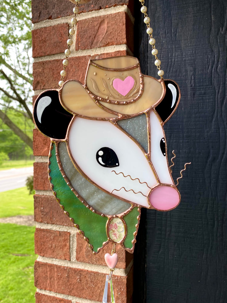 Love Cowboy Opossum Stained Glass Suncatcher