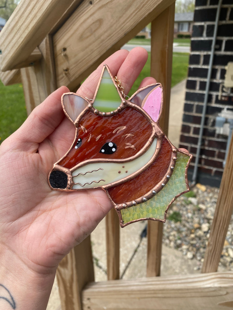 Green Stripes Mini Wizard Fox Stained Glass Suncatcher