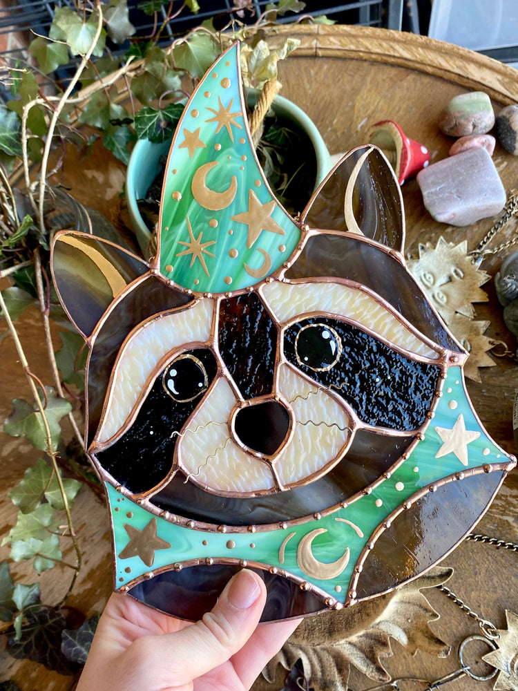 Swirly Green Wizard Raccoon Stained Glass Suncatcher