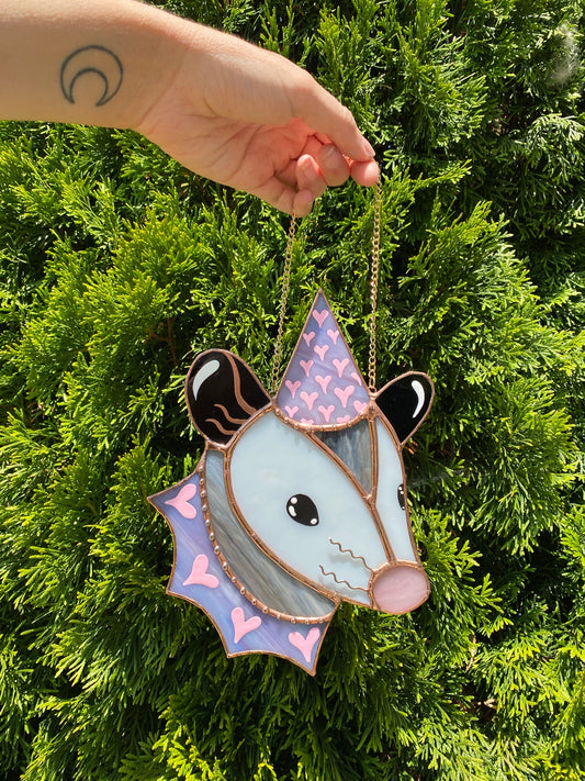 Pink and Purple Heart Opossum Stained Glass Suncatcher