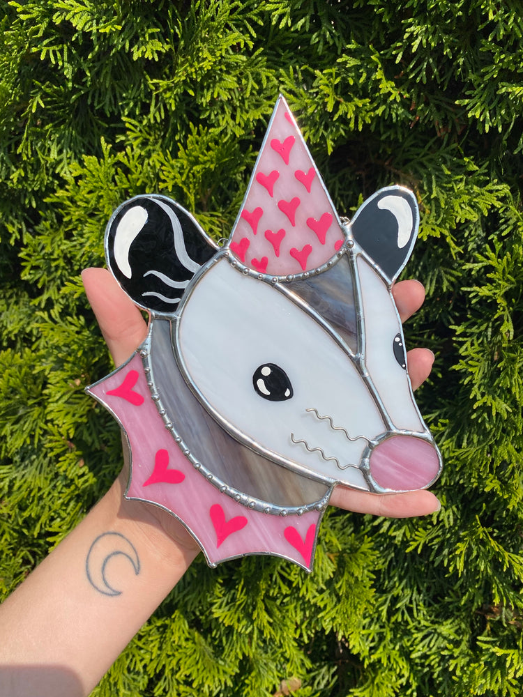 Pink and Silver Heart Opossum Stained Glass Suncatcher