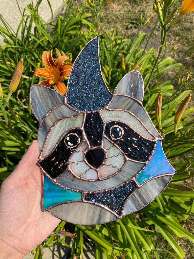 Large Blue Van Gogh Wizard Raccoon Stained Glass Suncatcher