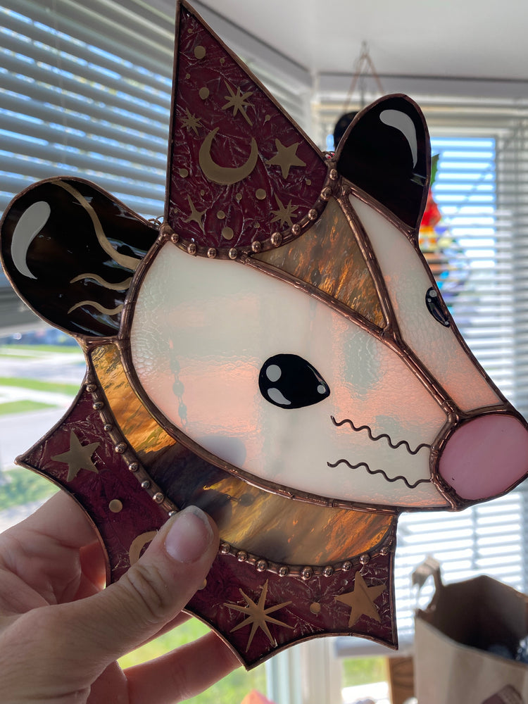 Hot Pink Wizard Opossum Stained Glass Suncatcher