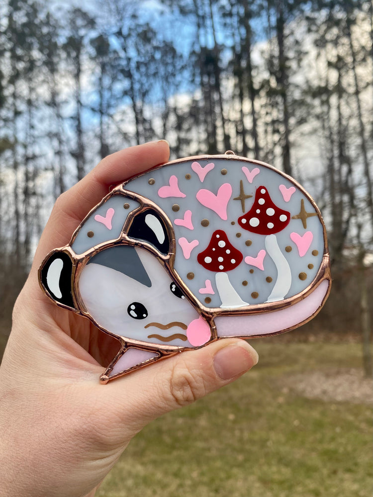 Mini Red (ver 2) Valentine Sleepy Opossum Stained Glass Suncatcher