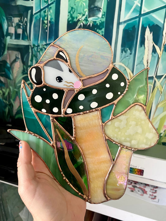 Sleepy Opossum Mushroom Stained Glass Suncatcher