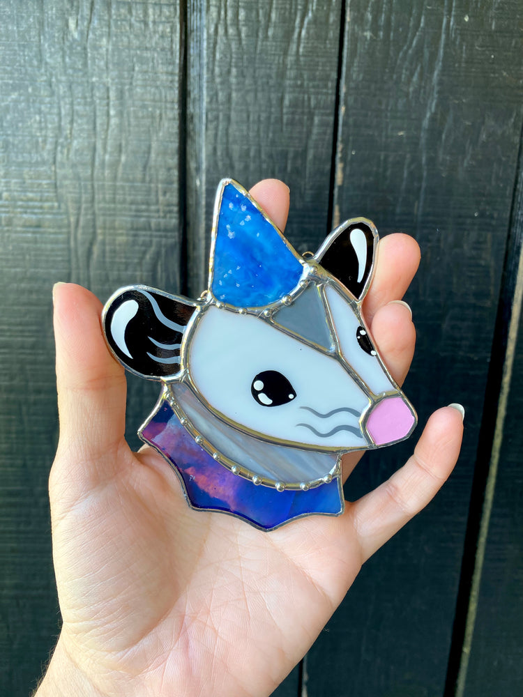 Blue Wizard Mini Opossum Stained Glass Ornament