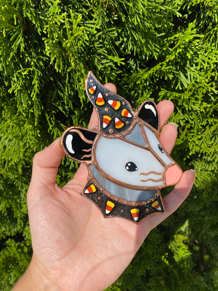 Mini Candycorn Wizard Opossum Stained Glass Suncatcher