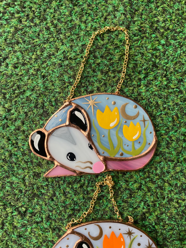 Mini Sleepy Yellow Tulip Opossum Stained Glass Ornament