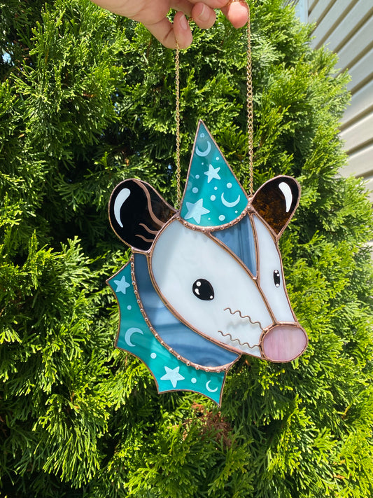 Blue Dream Wizard Opossum Stained Glass Suncatcher