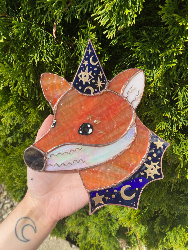 Royal Blue Wizard Fox Stained Glass Suncatcher