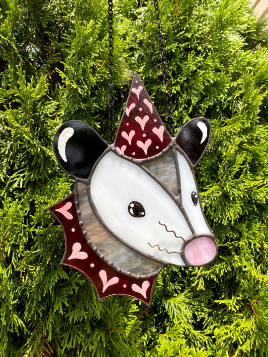 Red Valentine Opossum Stained Glass Suncatcher