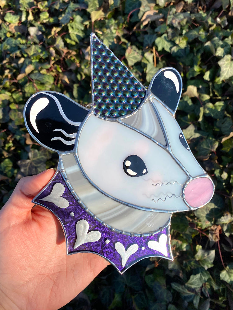 Cosmic Heart Wizard Opossum Stained Glass Suncatcher