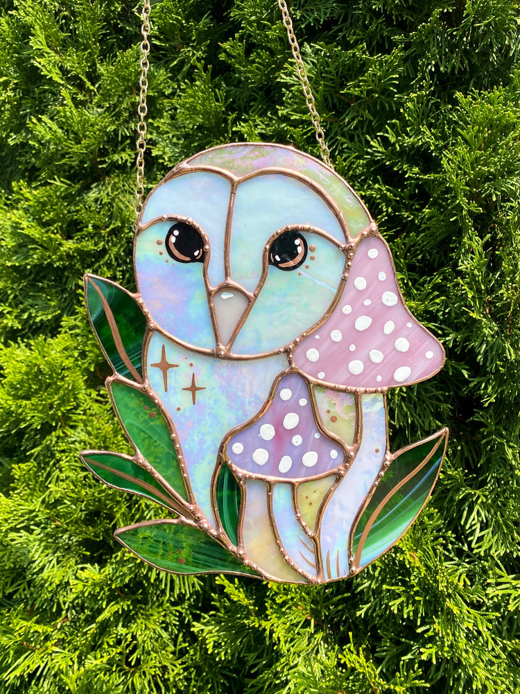 Pink and Purple Iridescent Owl Stained Glass Suncatcher