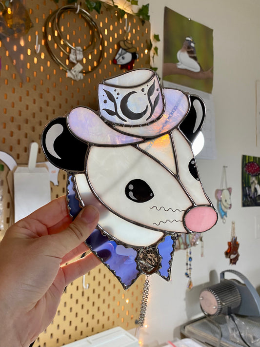 Purple Cowboy Opossum Stained Glass Suncatcher