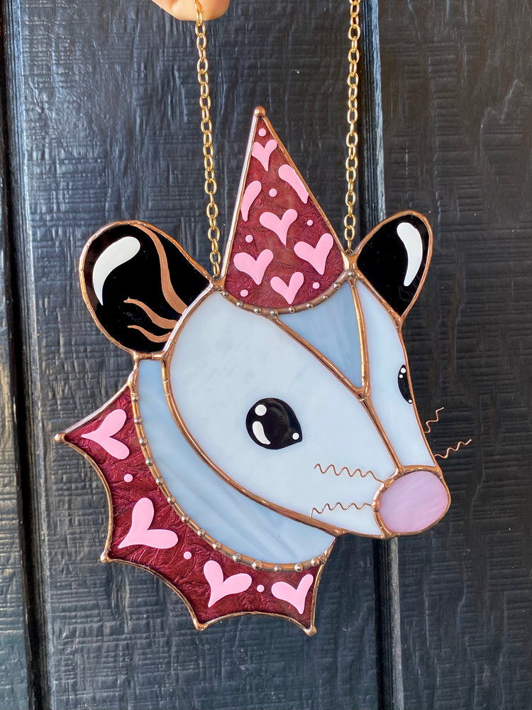 Sparkly Pink Lovely Opossum Stained Glass Suncatcher