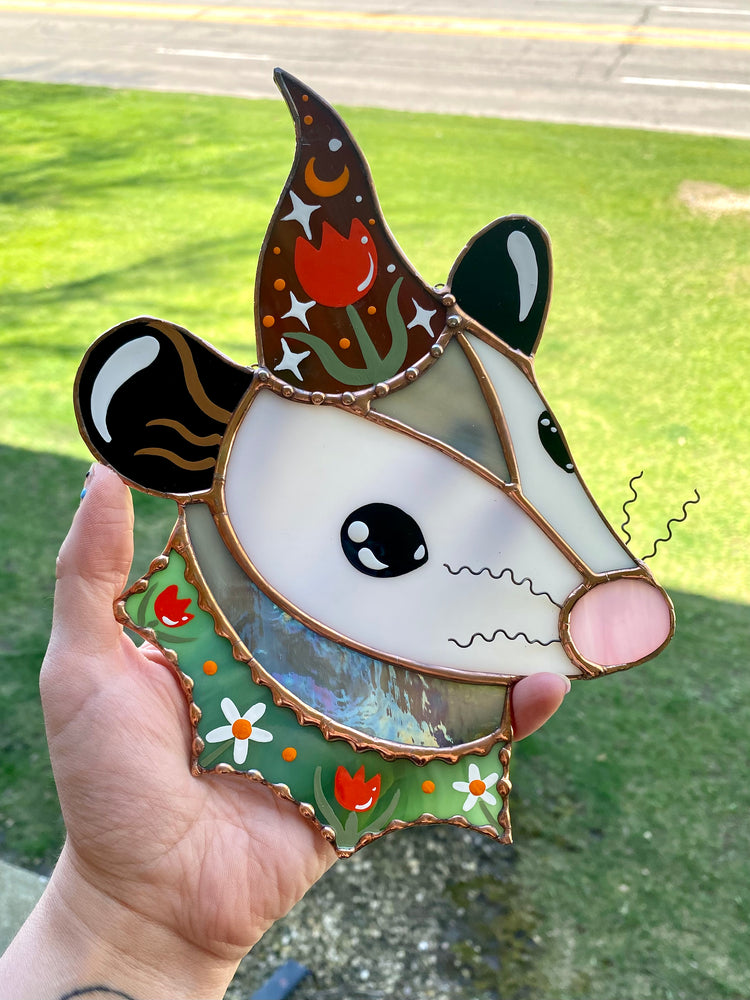 Tulip Wizard Opossum Stained Glass Suncatcher