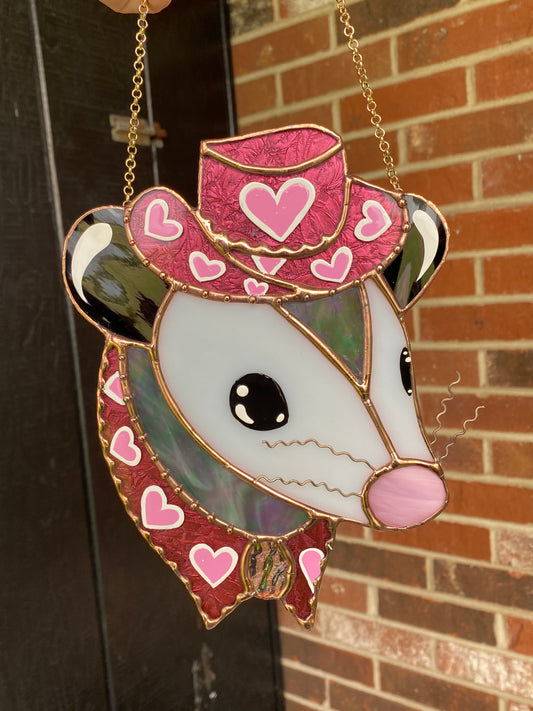 Pink Lovely Opossum Stained Glass Suncatcher