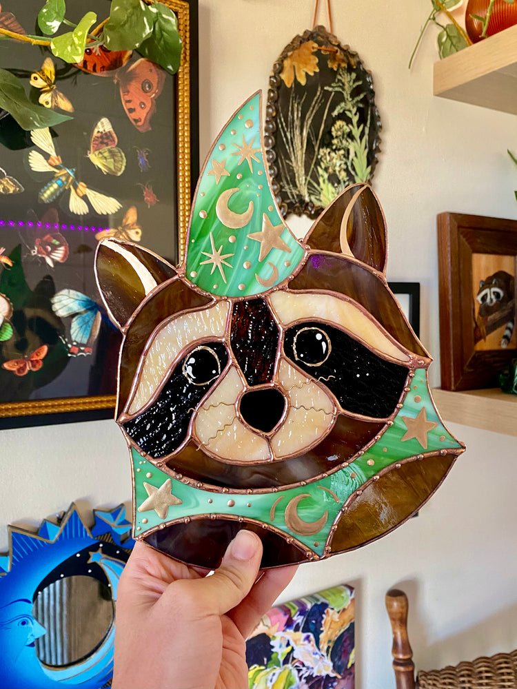 Swirly Green Wizard Raccoon Stained Glass Suncatcher