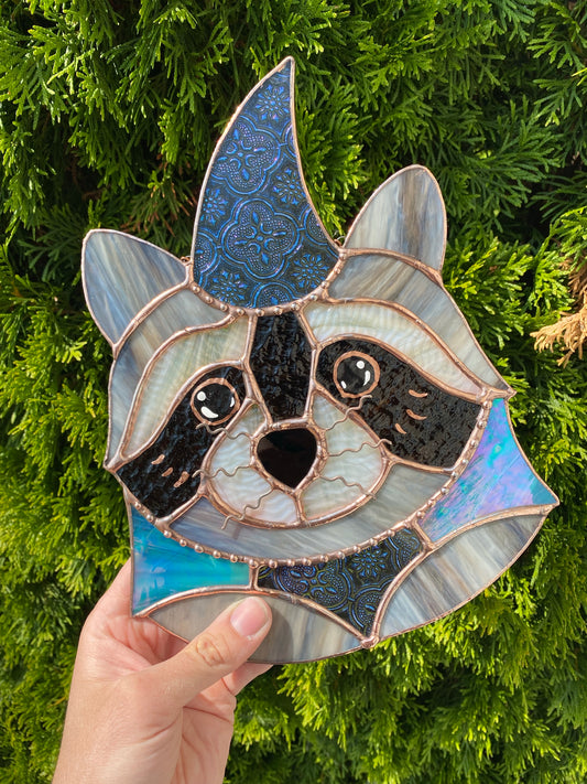 Large Blue Van Gogh Wizard Raccoon Stained Glass Suncatcher