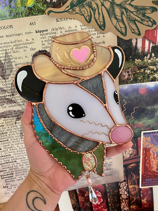 Love Cowboy Opossum Stained Glass Suncatcher