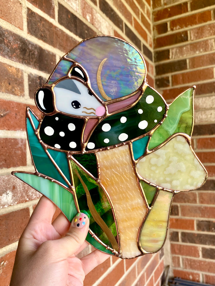 Sleepy Opossum Mushroom Stained Glass Suncatcher