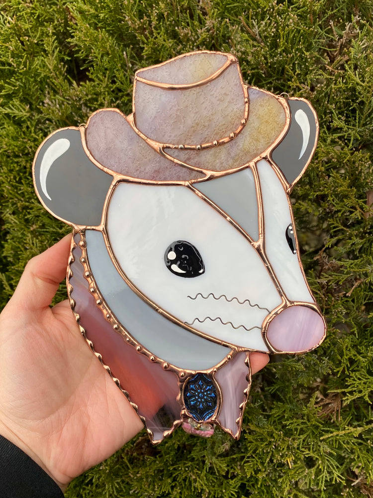 Lavender Cowboy Opossum Stained Glass Suncatcher