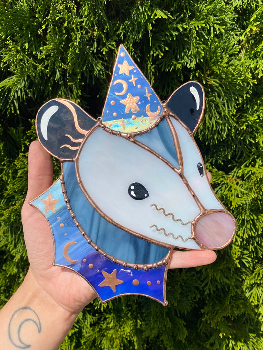 Irridescent Periwinkle Wizard Opossum Stained Glass Suncatcher