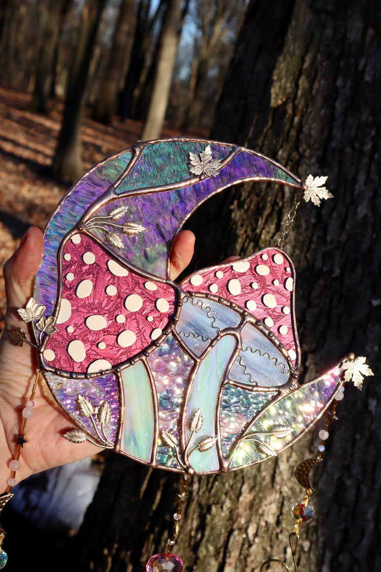 Magenta Mushroom Moon Stained Glass Suncatcher