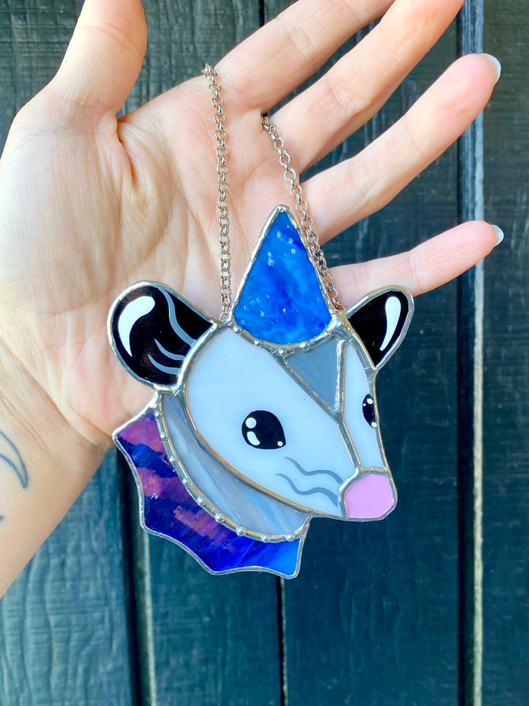 Blue Wizard Mini Opossum Stained Glass Ornament