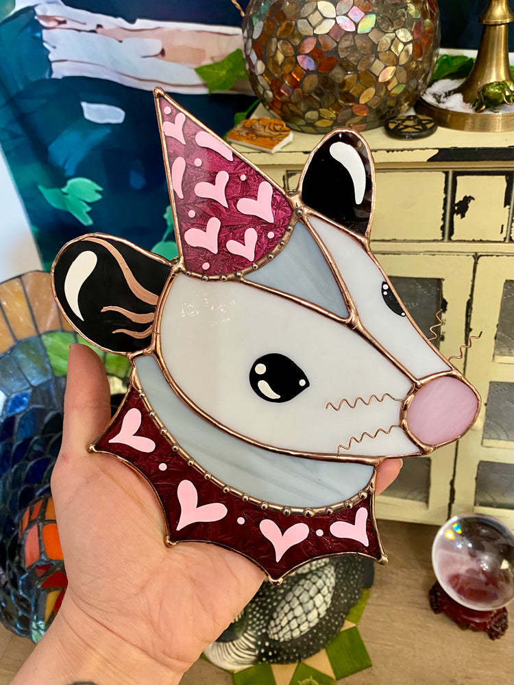 Sparkly Pink Lovely Opossum Stained Glass Suncatcher