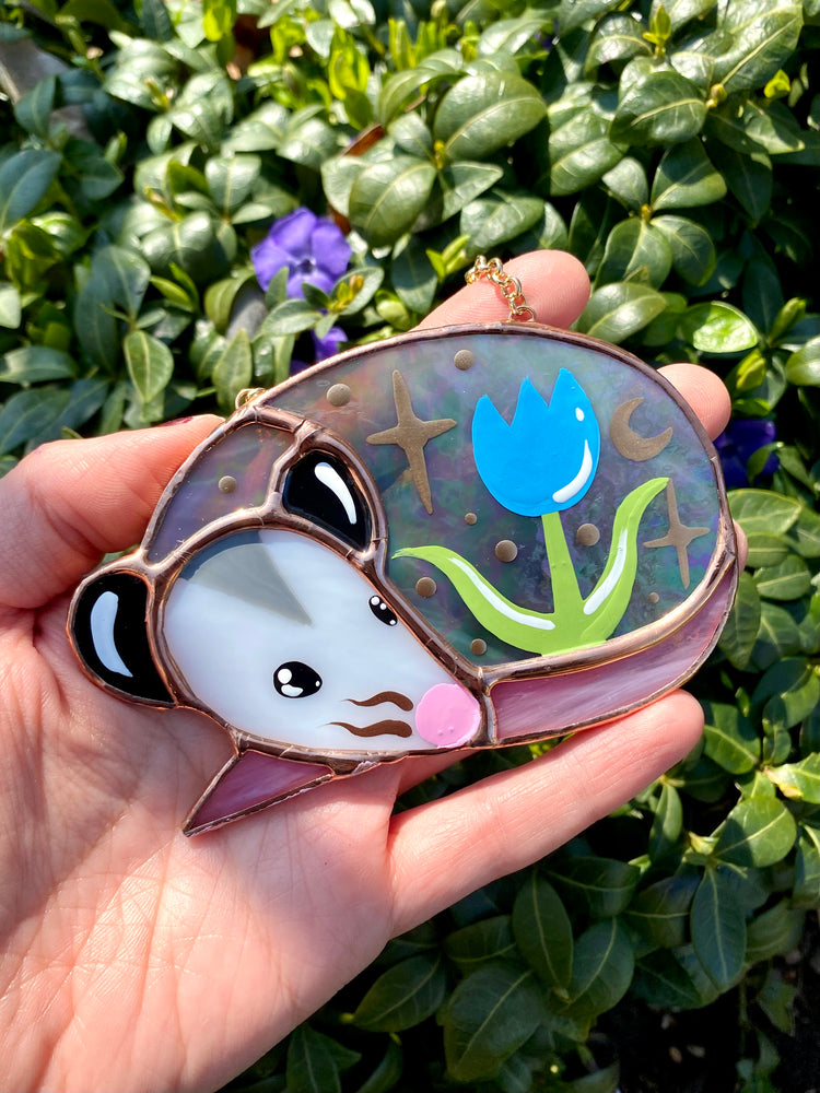 Sleepy Blue Iridescent Tulip Opossum Stained Glass Ornament