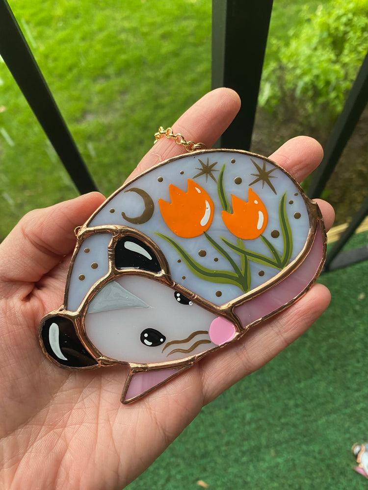 Mini Sleepy Orange Tulip Opossum Stained Glass Ornament