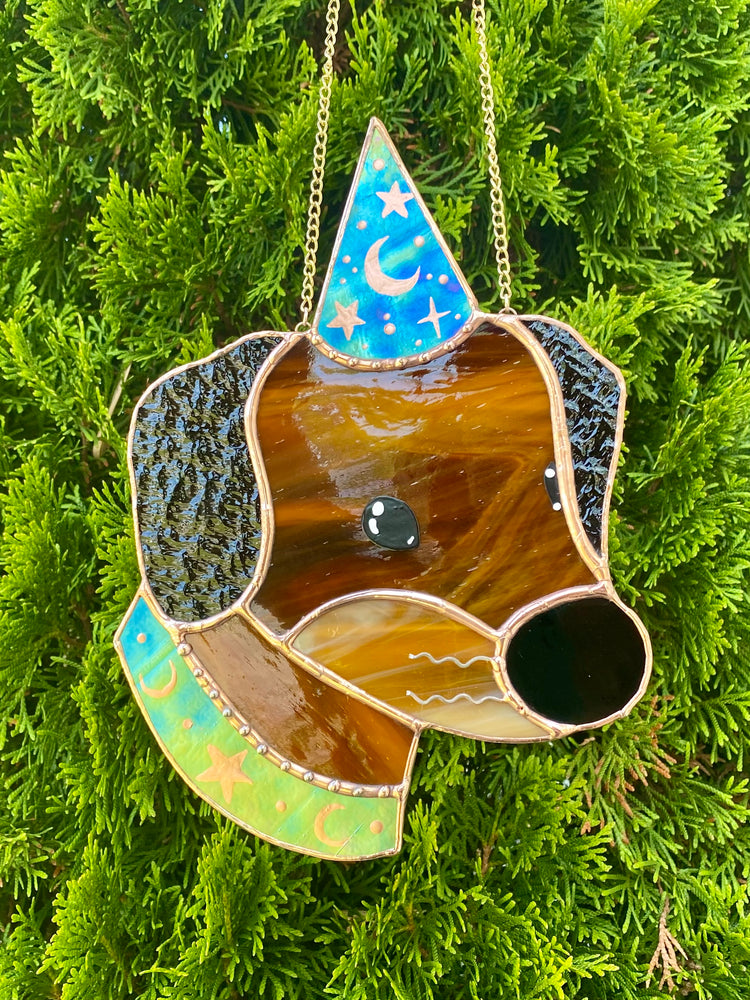 Green Wizard Puppy Stained Glass Suncatcher