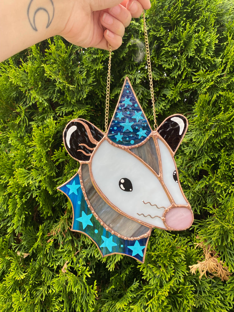 Blue Star Wizard Opossum Stained Glass Suncatcher