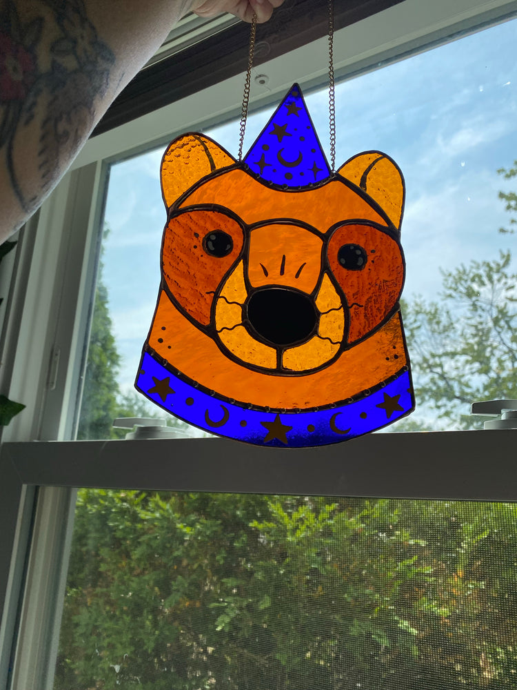 Blue Wizard Bear Stained Glass Suncatcher