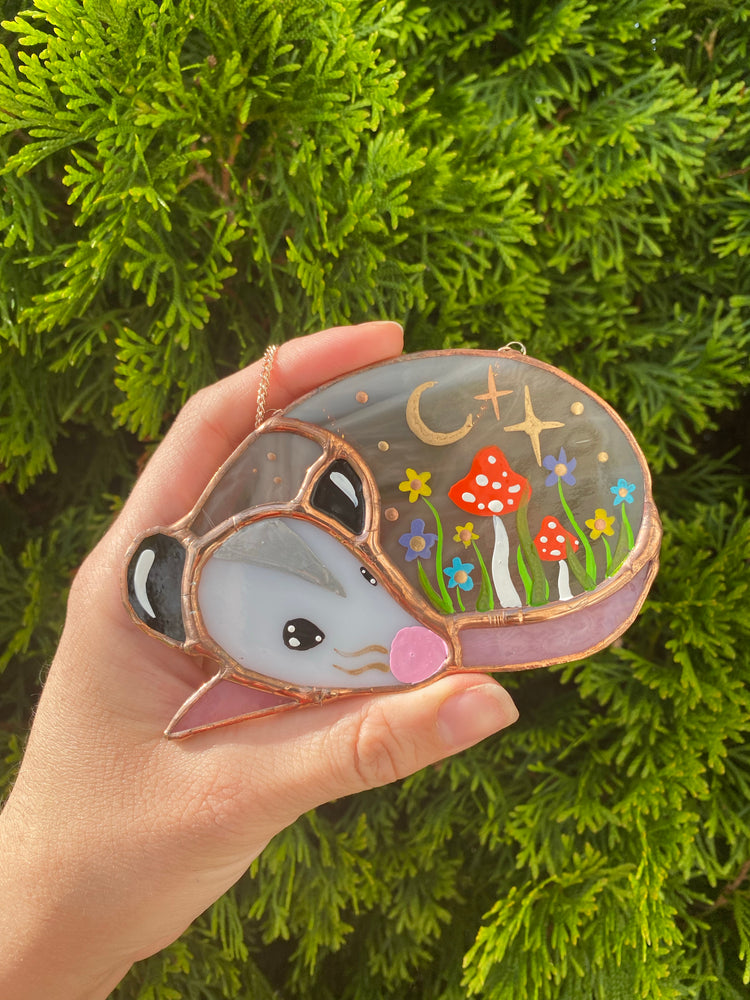 Wildflowers and Mushroom SleepyOpossum Mini Stained Glass Suncatcher