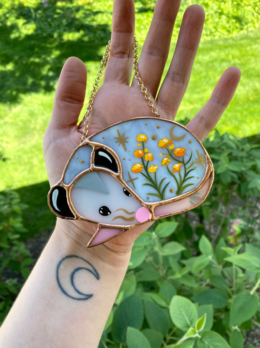 Mini Sleepy Yarrow Opossum Stained Glass Ornament