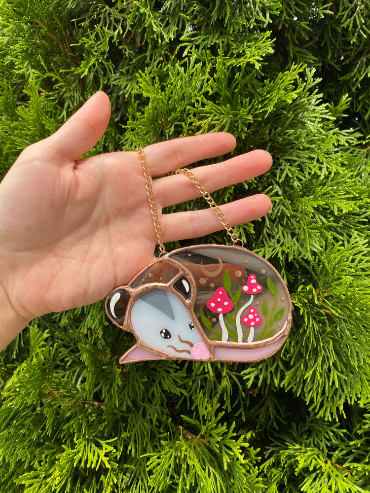 Mini Pink Mushroom Opossum Stained Glass Suncatcher