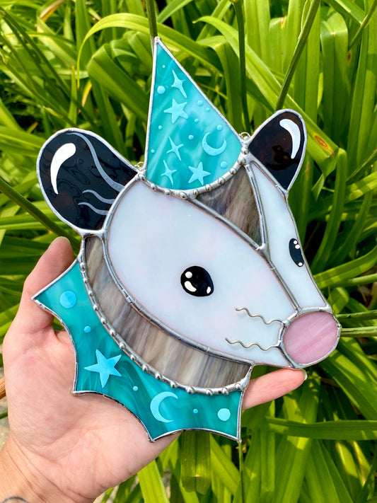 Blue Dream Wizard Opossum Stained Glass Suncatcher