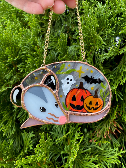 (Version 2) Pumpkins, Ghost and Bat Sleepy Opossum Mini Stained Glass Suncatcher