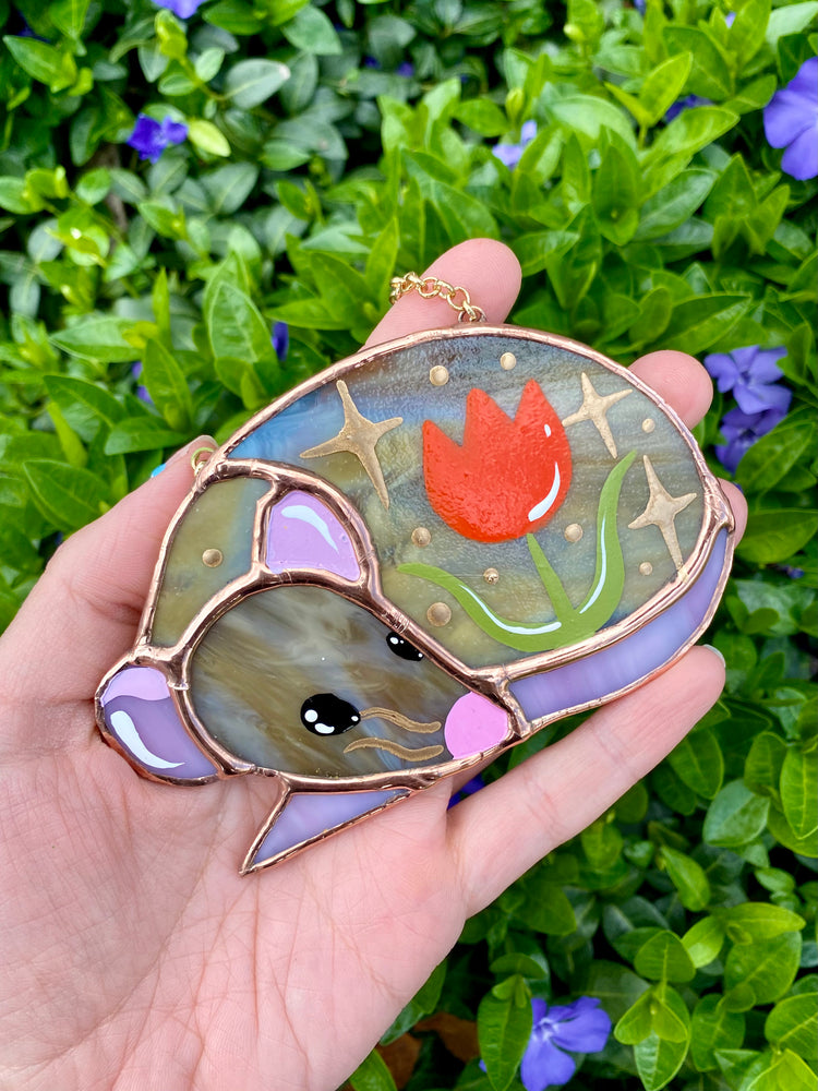 Sleepy Brown Tulip Rat Mini Stained Glass Ornament