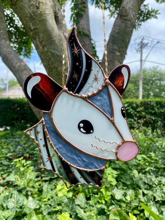 Black and White Wizard Opossum Stained Glass Suncatcher