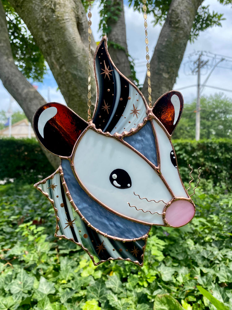 Black and White Wizard Opossum Stained Glass Suncatcher