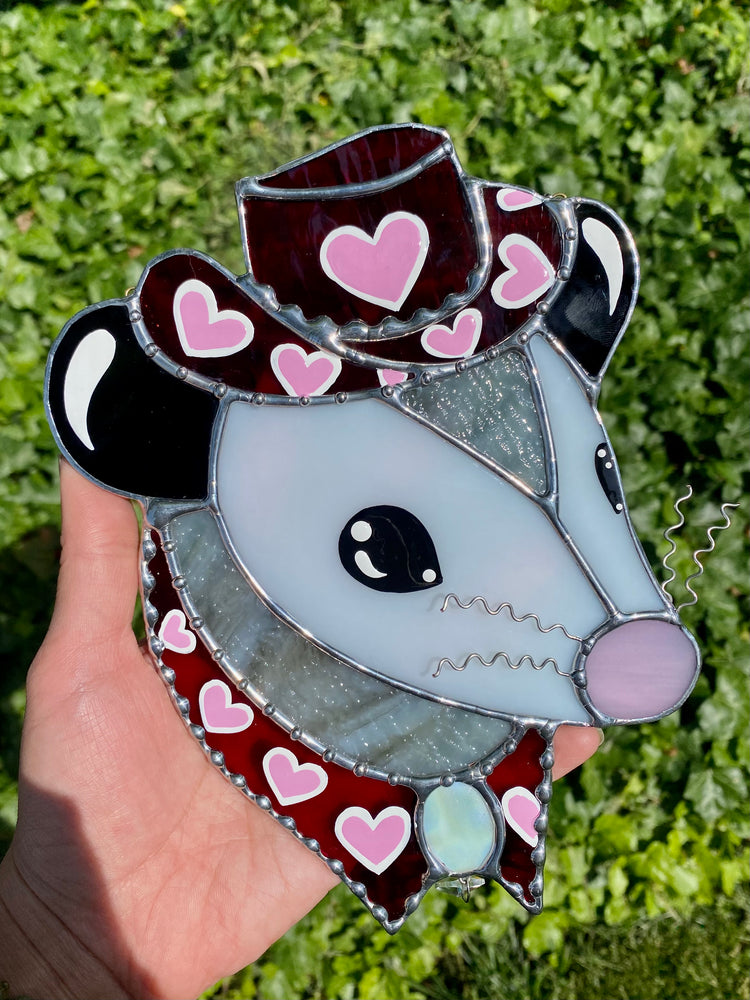 Red Lovely Cowboy Opossum Stained Glass Suncatcher